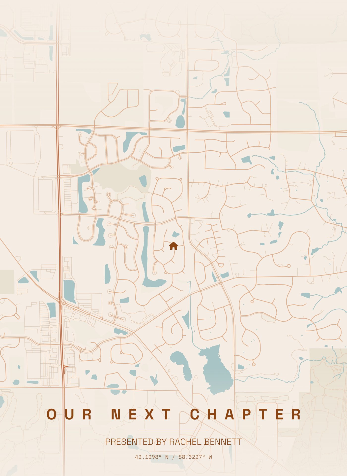 Custom map print titled "Our Next Chapter" in a warm cream and terracotta palette, presented by real estate agent Rachel Bennett